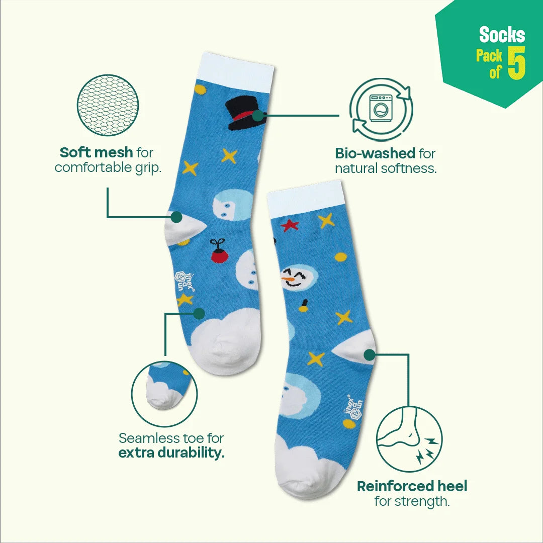 Christmas Punch! Unisex Socks, 100% Organic Cotton,  Crew Length, Pack of 5