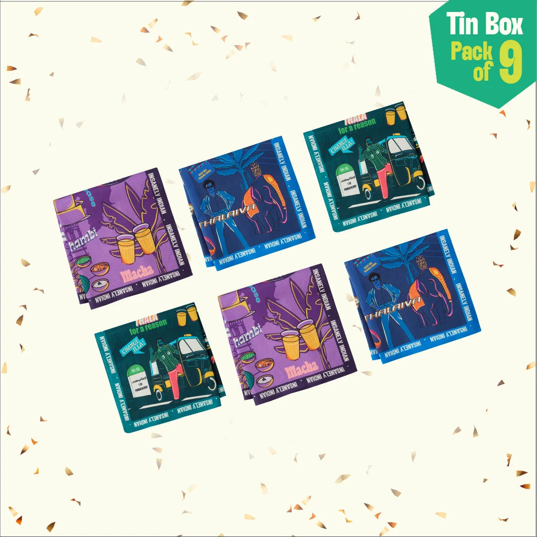 Vanakkam Vibes! Tin Gift Box, 6 Hankies + 3 Socks, 100% Organic Cotton, Box of 9