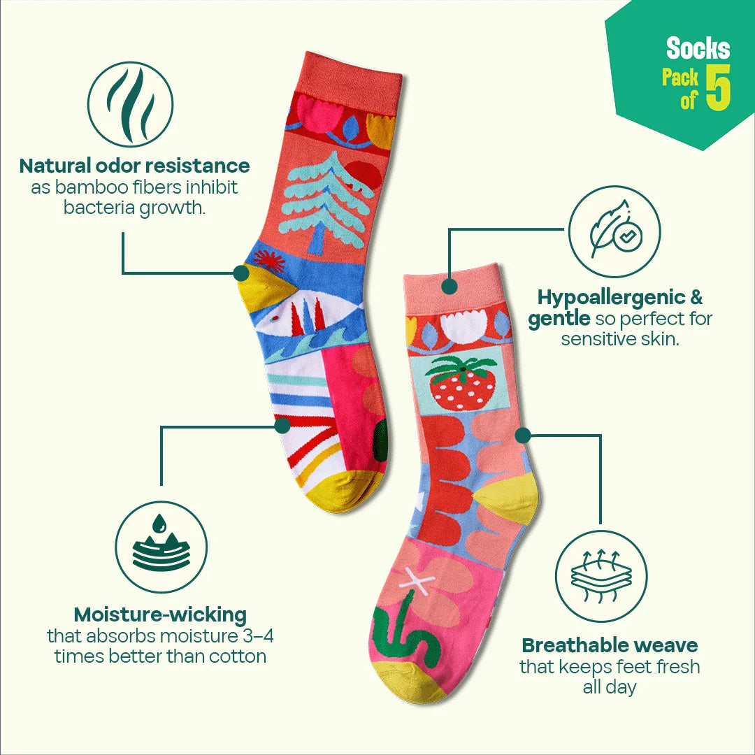 Fashion Fusion! Unisex Socks, 100% Bamboo, Crew Length, Pack of 5