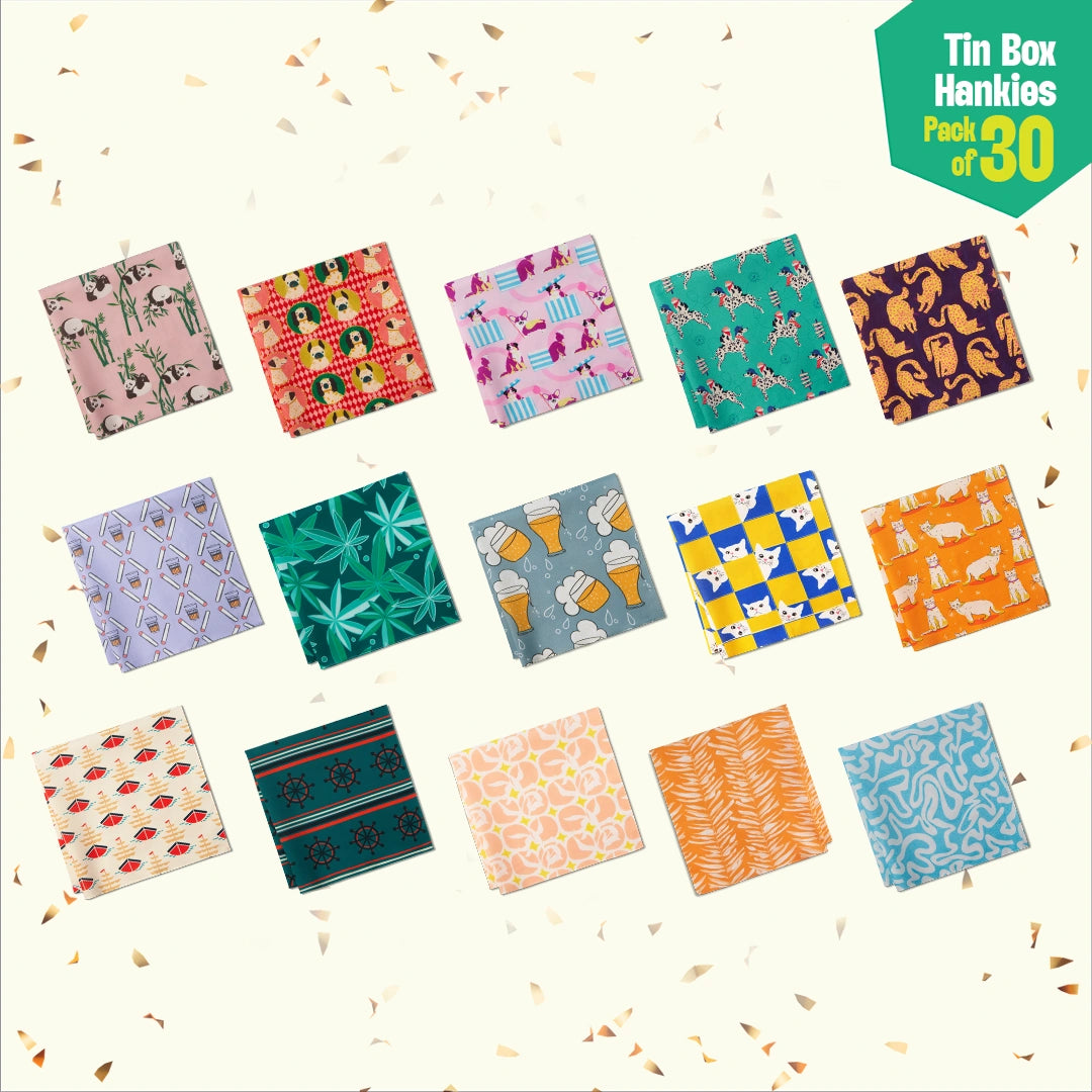 GMT! Giraffe Mood Time! Tin Gift Box, Unisex Hankies, 100% Organic Cotton, Box Of 30