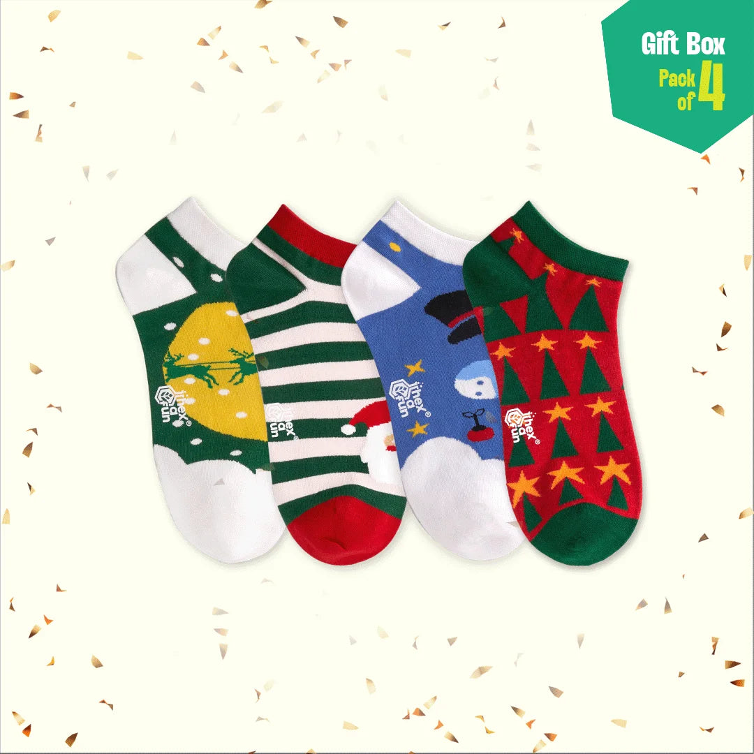 HO! HO! Merry Sox-mas! Unisex Ankle Length Socks, 100% Organic Cotton, Gift Box of 4