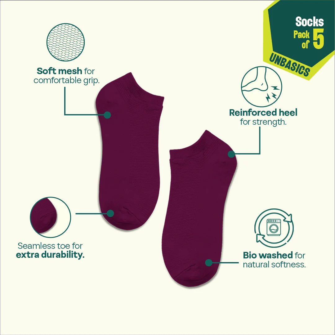 Color Canvas! Unisex Socks, 100% Organic Cotton, Ankle Length, Pack of 5