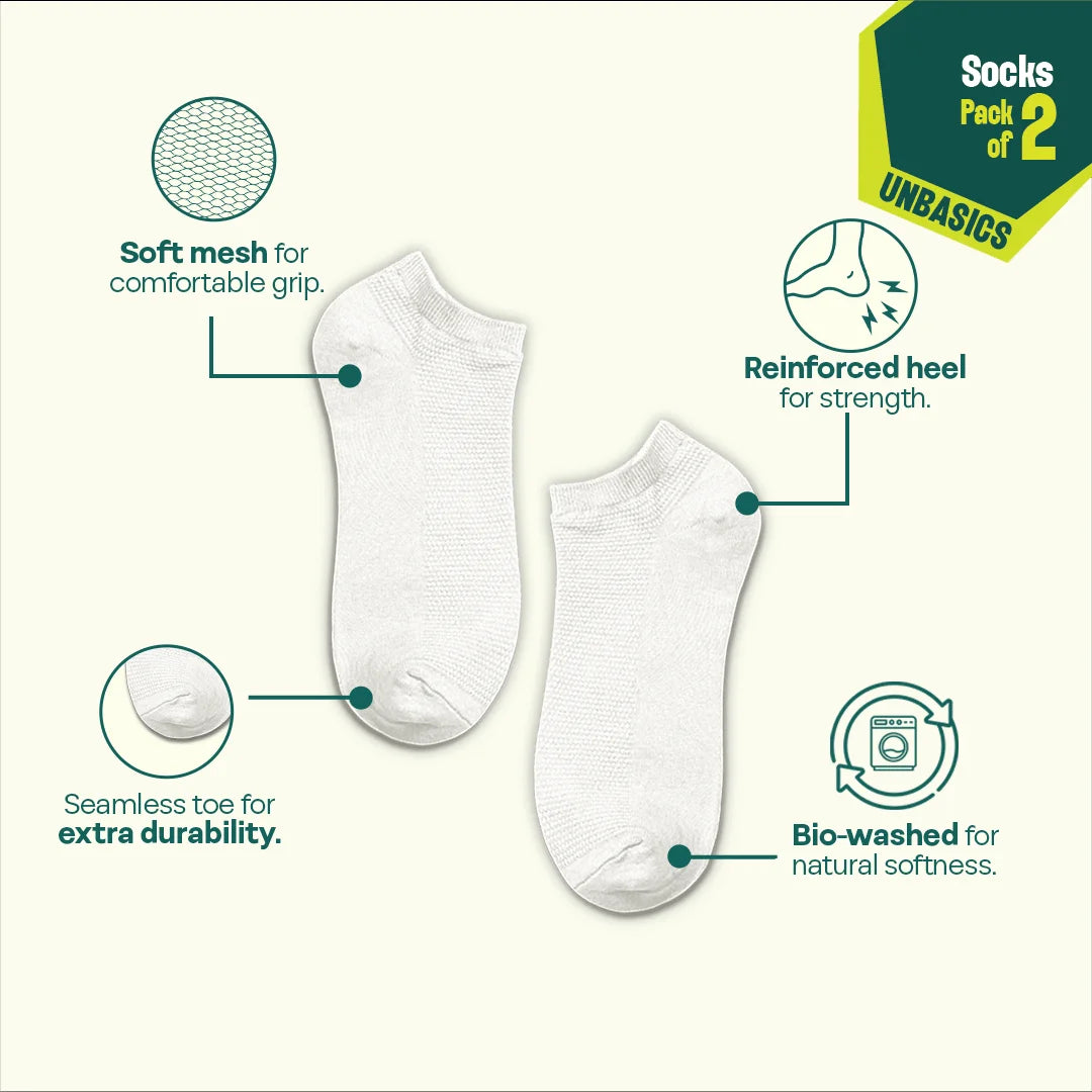 Milky White! Unisex Socks, 100% Organic Cotton, Ankle Length, Pack of 2