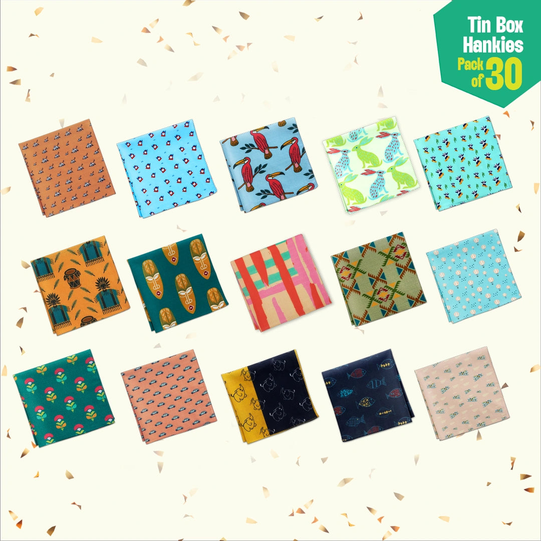 EOD! Elephant Of The Day! Tin Gift Box, Unisex Hankies, 100% Organic Cotton, Box Of 30