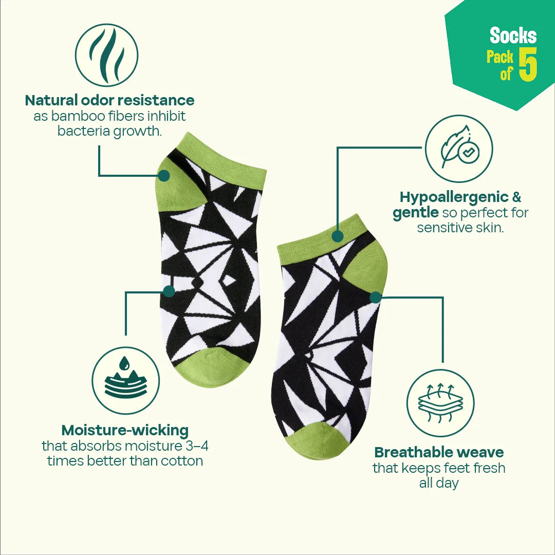 Monochromatic Twist! Unisex Socks, 100% Bamboo, Ankle Length, Pack of 5