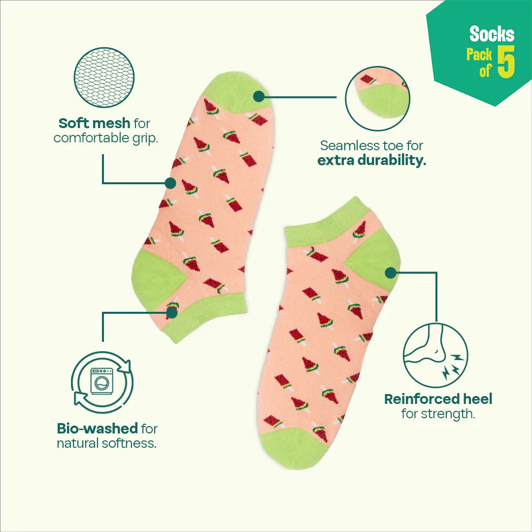 Snacks Drawer! Unisex Socks, 100% Organic Cotton, Ankle Length, Pack of 5