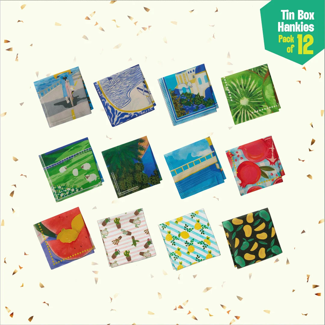 Sound On! Tin Gift Box, Unisex Hankies, 100% Organic Cotton, Box Of 12