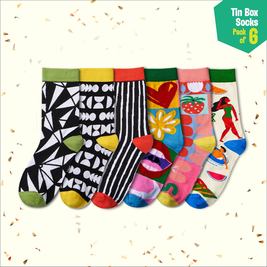 Hype Mix! Tin Gift Box, Unisex Crew Length Socks, 100% Bamboo, Gift Box of 6