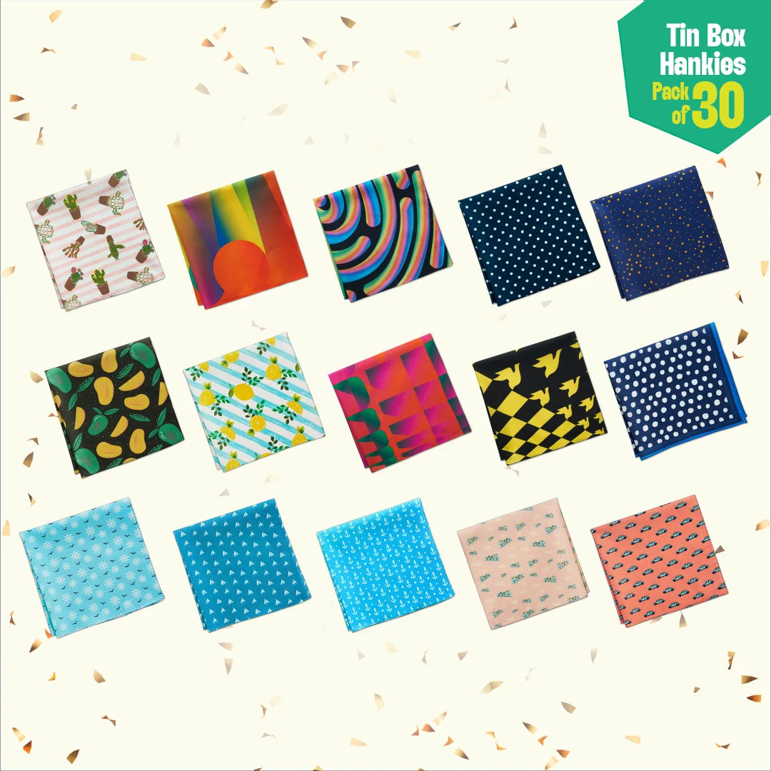 EOD! Elephant Of The Day! Tin Gift Box, Unisex Hankies, 100% Organic Cotton, Box Of 30