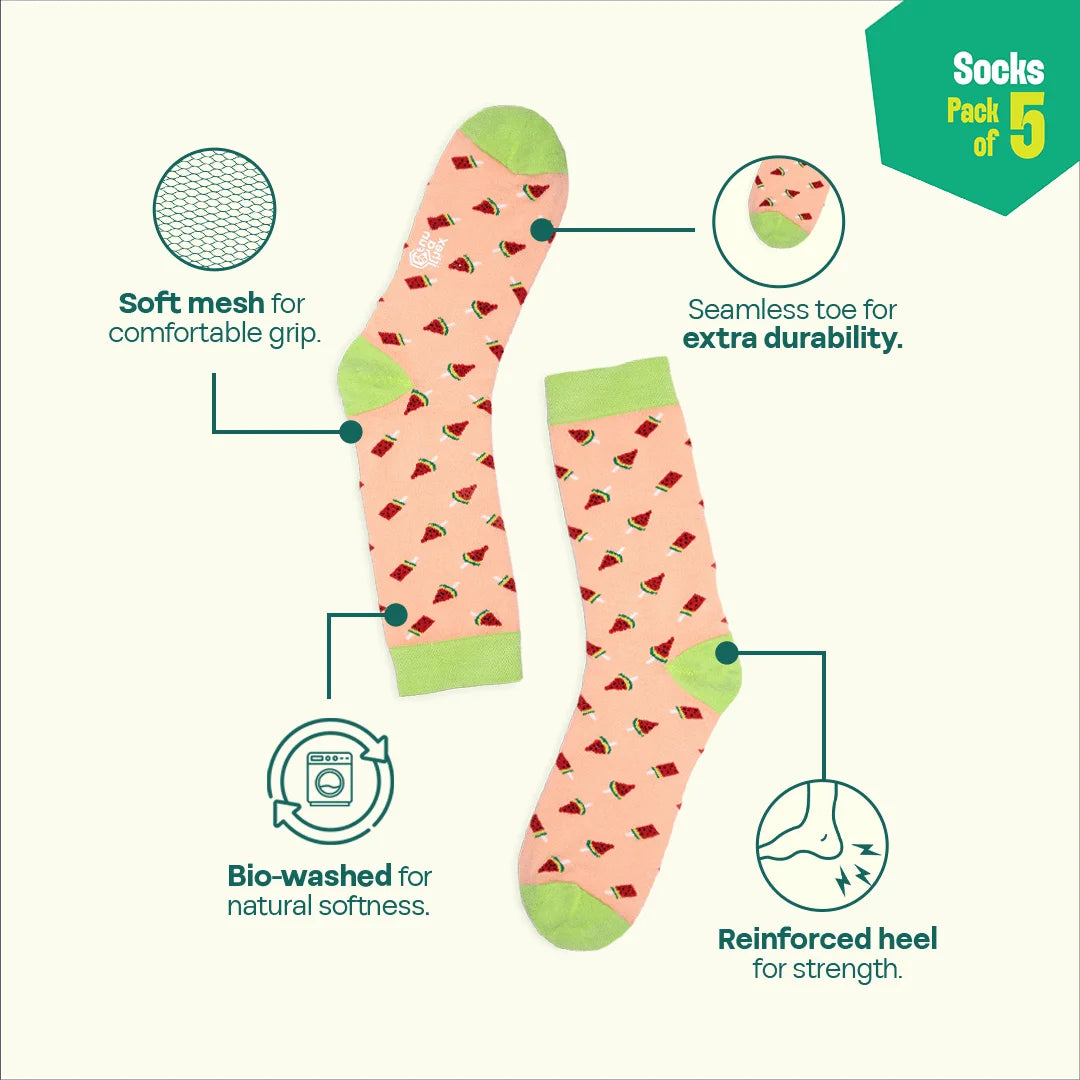 Animal-holic! Unisex Socks, 100% Organic Cotton, Crew Length, Pack of 5
