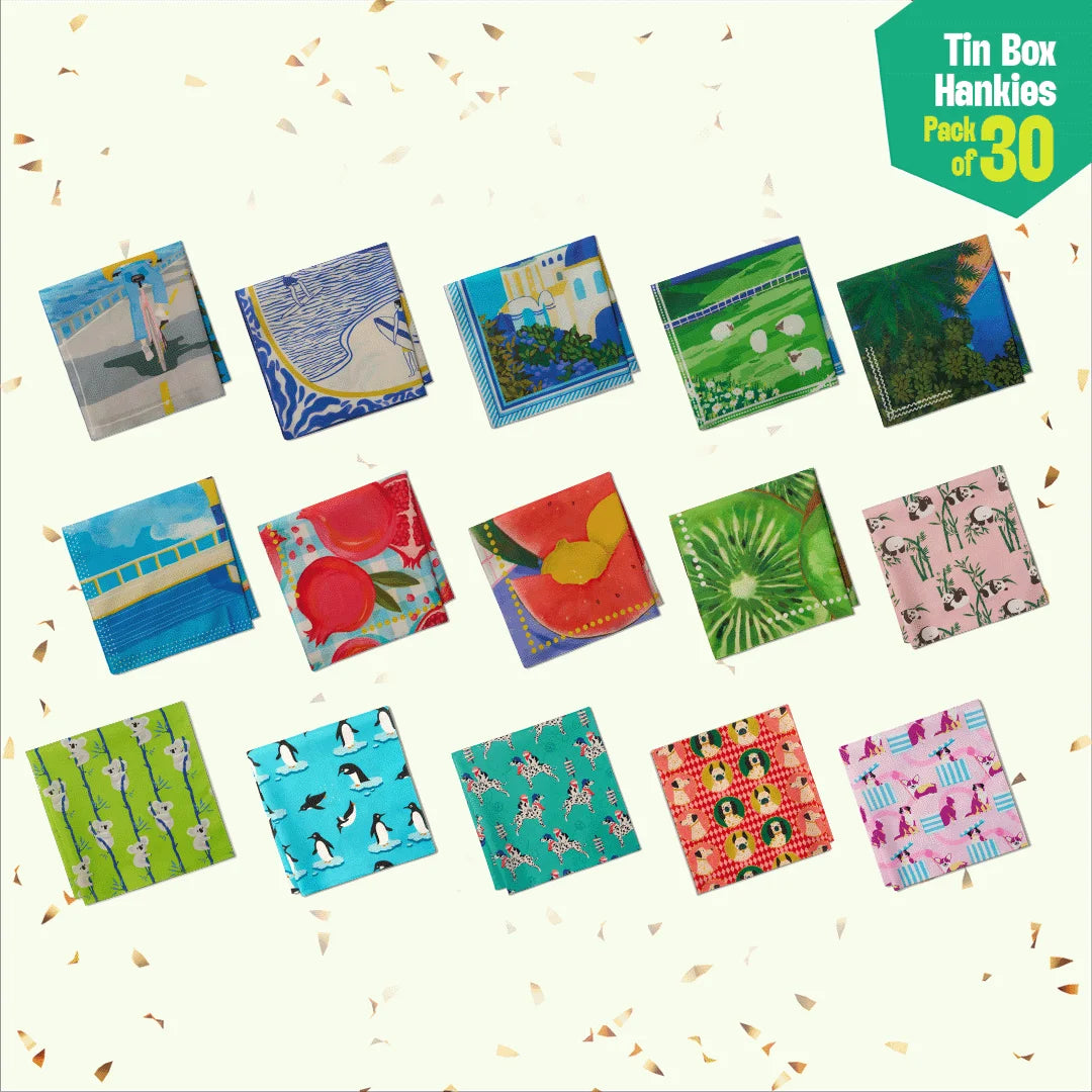 Golden Hour! Tin Gift Box, Unisex Hankies, 100% Organic Cotton, Box Of 30