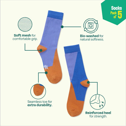 Color Punch! Unisex Socks, 100% Organic Cotton, Crew Length, Pack of 5
