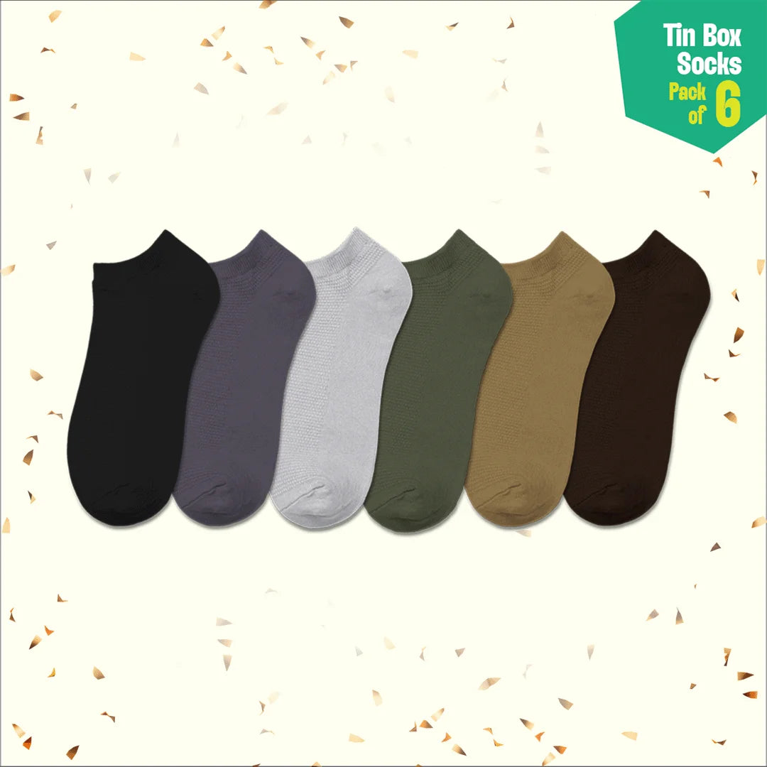 Office Flex! Tin Gift Box, Unisex Ankle Length Socks, 100% Organic Cotton, Gift Box of 06