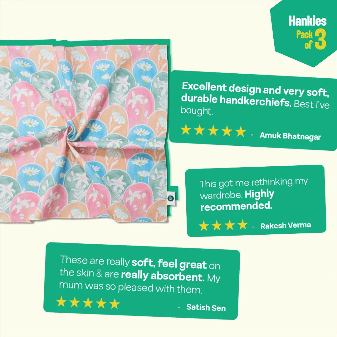 Summer Vibes! Unisex Hankies, 100% Organic Cotton, Pack of 3
