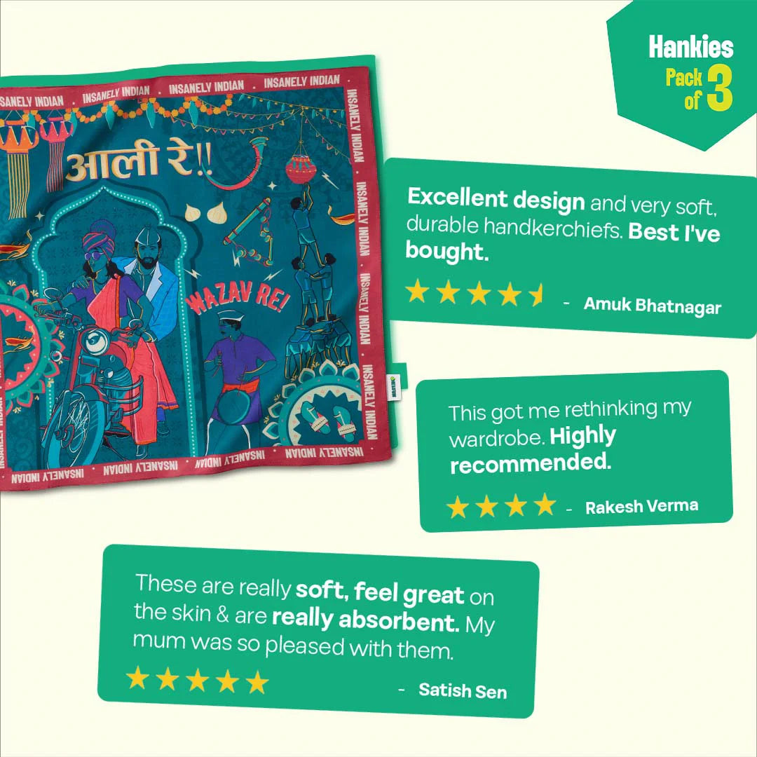 Aamchi Style! Unisex Hankies, 100% Organic Cotton, Pack of 3