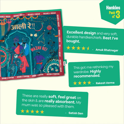 Aamchi Style! Unisex Hankies, 100% Organic Cotton, Pack of 3