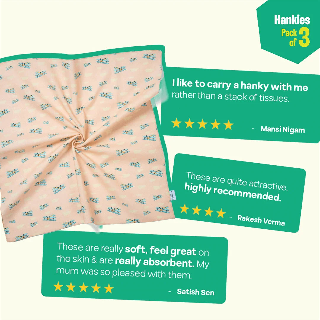 Travelicious! Unisex Hankies, 100% Organic Cotton, Pack of 3