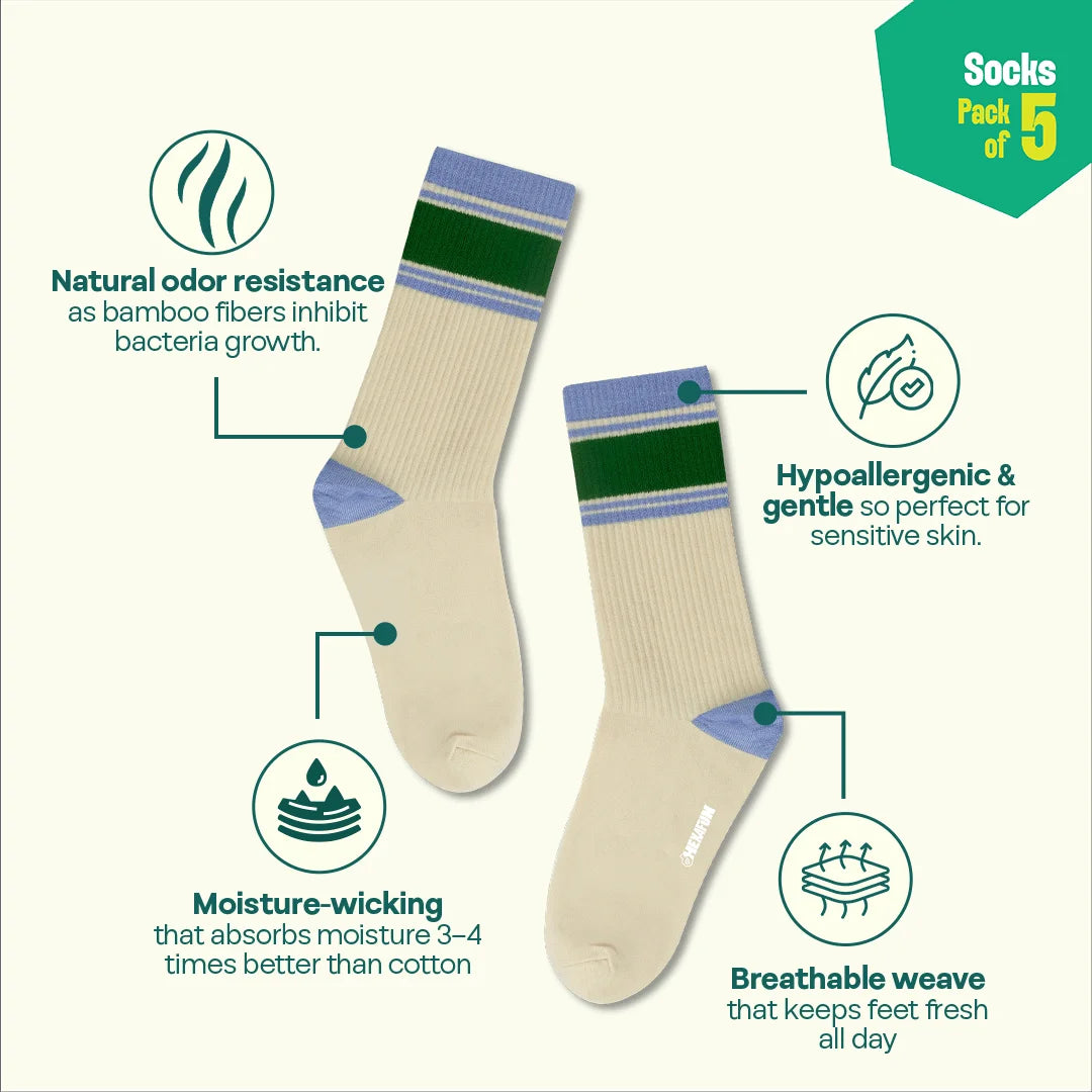 Retro Splash! Unisex Socks, 100% Bamboo, Crew Length, Pack of 5