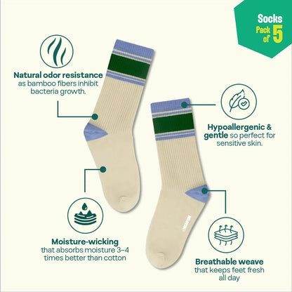 Retro Splash! Unisex Socks, 100% Bamboo, Crew Length, Pack of 5