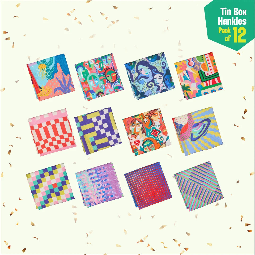 Tune In! Tin Gift Box, Unisex Hankies, 100% Organic Cotton, Gift Box of 15