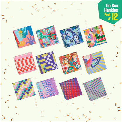 Tune In! Tin Gift Box, Unisex Hankies, 100% Organic Cotton, Gift Box of 15