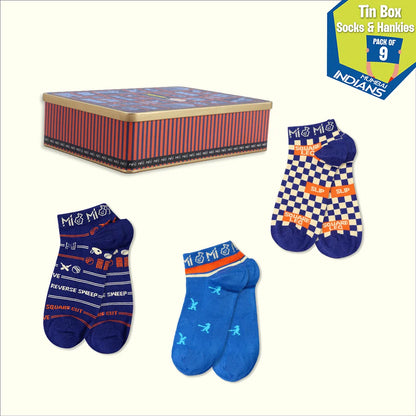 Duniya Hila Denge! Tin Gift Box, 6 Unisex Hankies + 3 Unisex Ankle Length Socks, 100% Sustainable, Box of 9