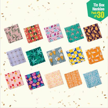 GMT! Giraffe Mood Time! Tin Gift Box, Unisex Hankies, 100% Organic Cotton, Box Of 30