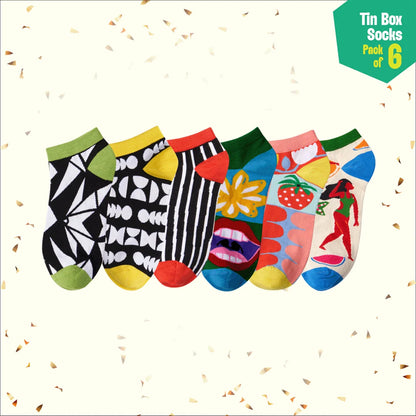 Hype Mix! Tin Gift Box, Unisex Ankle Length Socks, 100% Bamboo, Gift Box of 6