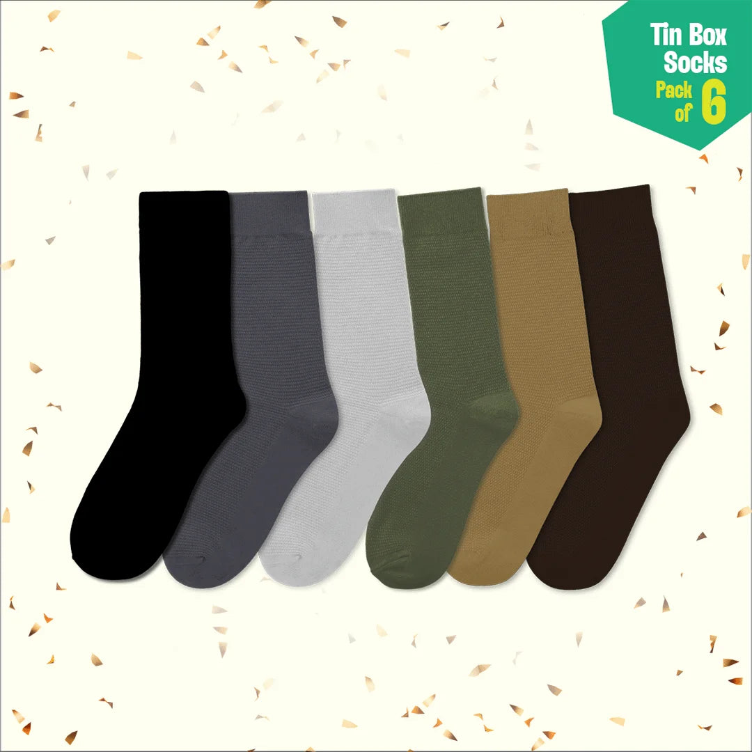 Office Flex! Tin Gift Box, Unisex Crew Length Socks, 100% Organic Cotton, Gift Box of 06