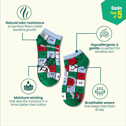 Power Up! Unisex Socks, 100% Bamboo, Ankle Length, Pack of 5