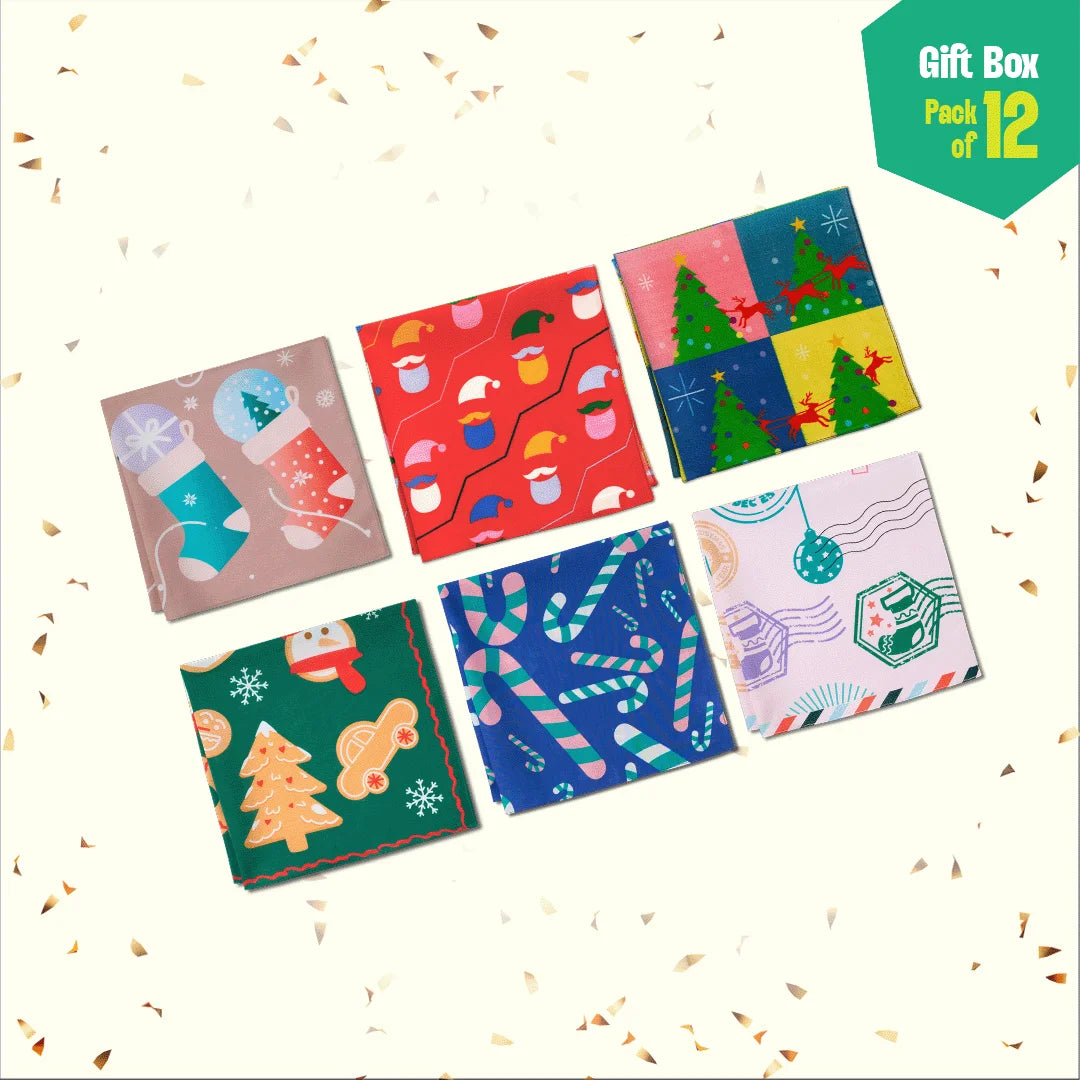Xmas Stamps 2.0! 6 Unisex Kid's Socks + 6 Unisex Kid's Hankies, 100% Sustainable, Gift Box of 12