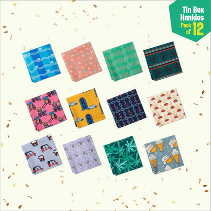 Jammin! Tin Gift Box, Unisex Hankies, 100% Organic Cotton, Box of 12
