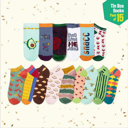 Elephant In The Room! Tin Gift Box, Unisex Ankle Length Socks, 100% Organic Cotton, Box Of 15