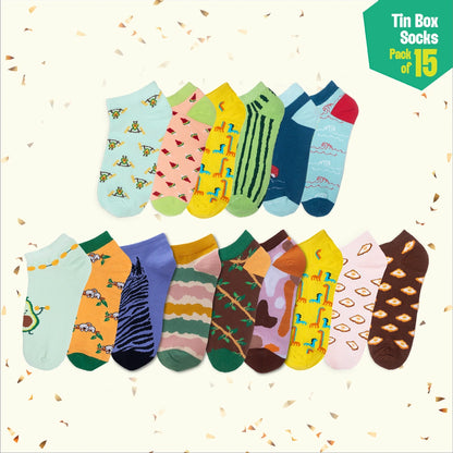 EOD! Elephant Of The Day! Tin Gift Box, Unisex Ankle Length Socks, 100% Organic Cotton, Box Of 15