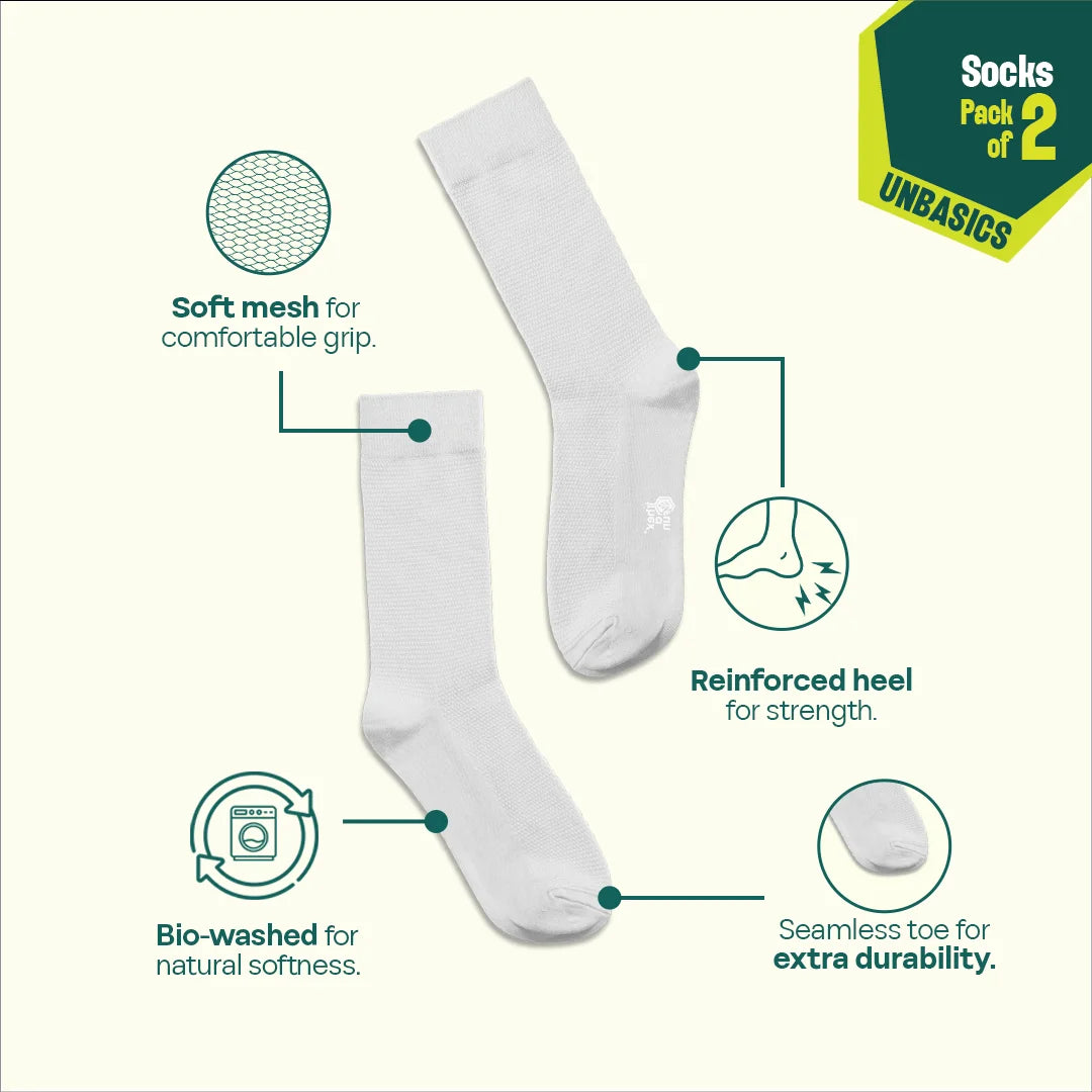 Milky White! Unisex Socks, 100% Organic Cotton, Crew Length, Pack of 2