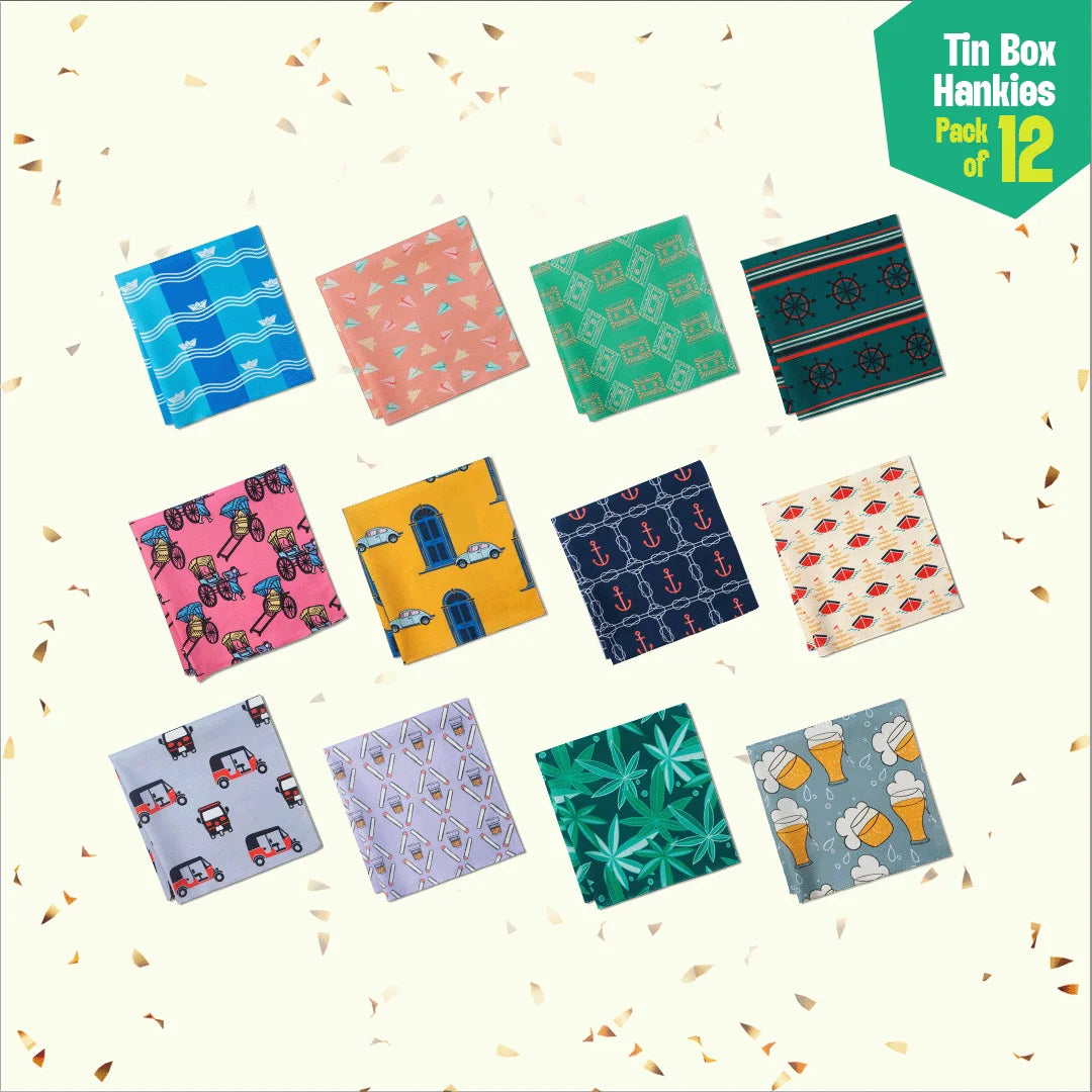 Jammin! Tin Gift Box, Unisex Hankies, 100% Organic Cotton, Box of 12