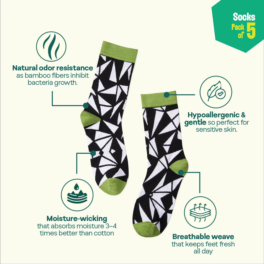 Monochromatic Twist! Unisex Socks, 100% Bamboo, Crew Length, Pack of 5