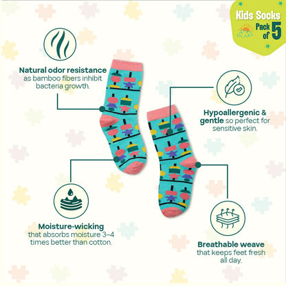 Chill Thrill! Unisex Kid's Socks, 100% Bamboo, Crew Length, Pack of 5
