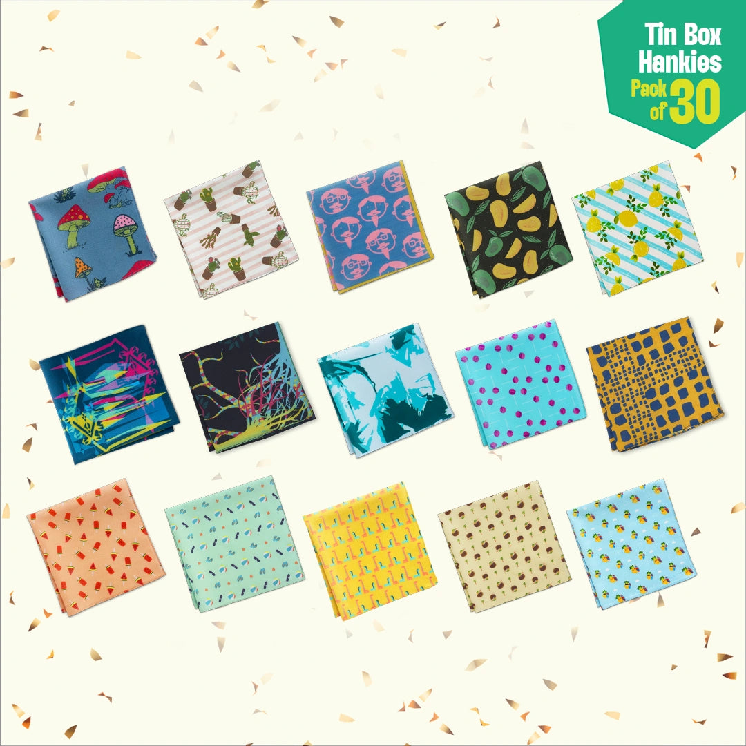 EOD! Elephant Of The Day! Tin Gift Box, Unisex Hankies, 100% Organic Cotton, Box Of 30