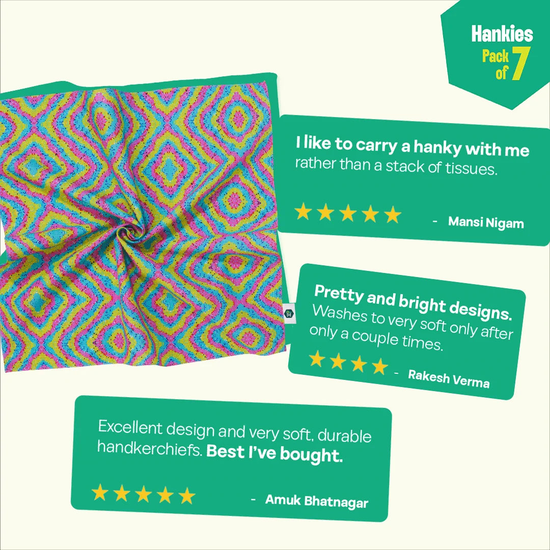 Geometric Invasion! Small Unisex Hankies, 100% Organic Cotton, Pack of 7
