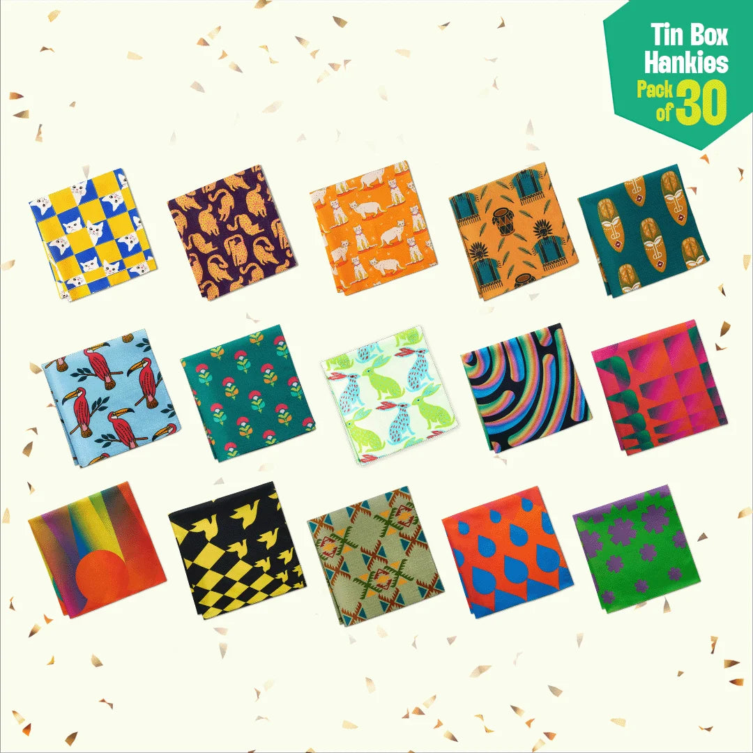 Golden Hour! Tin Gift Box, Unisex Hankies, 100% Organic Cotton, Box Of 30