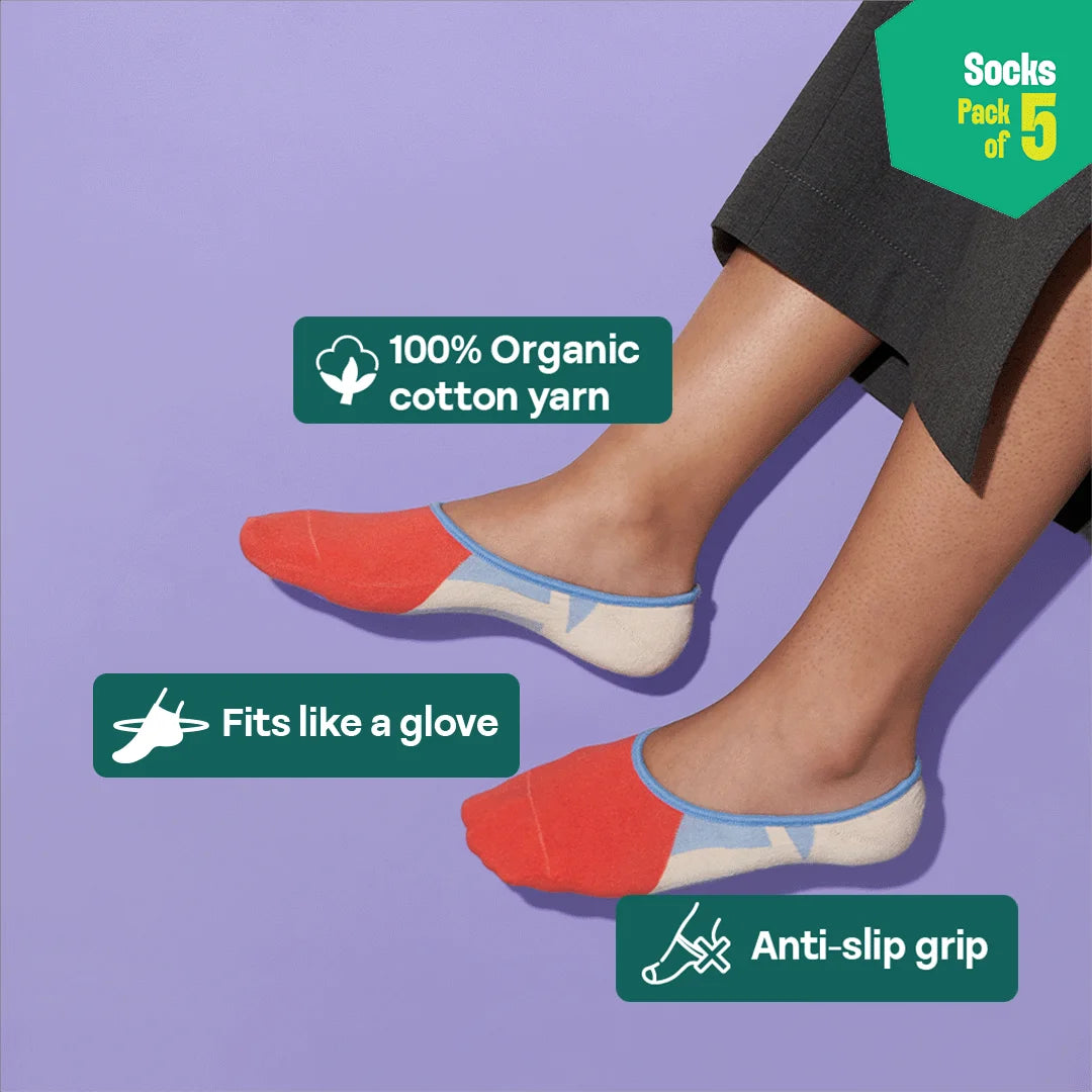 Out Of The Block! Unisex Socks, 100% Organic Cotton, No Show, Pack of 5