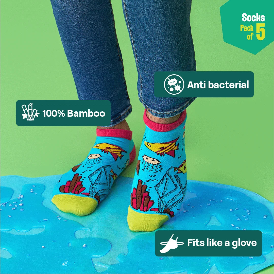 Fashion Fusion! Unisex Socks, 100% Bamboo Made, Ankle Length, Pack of 5