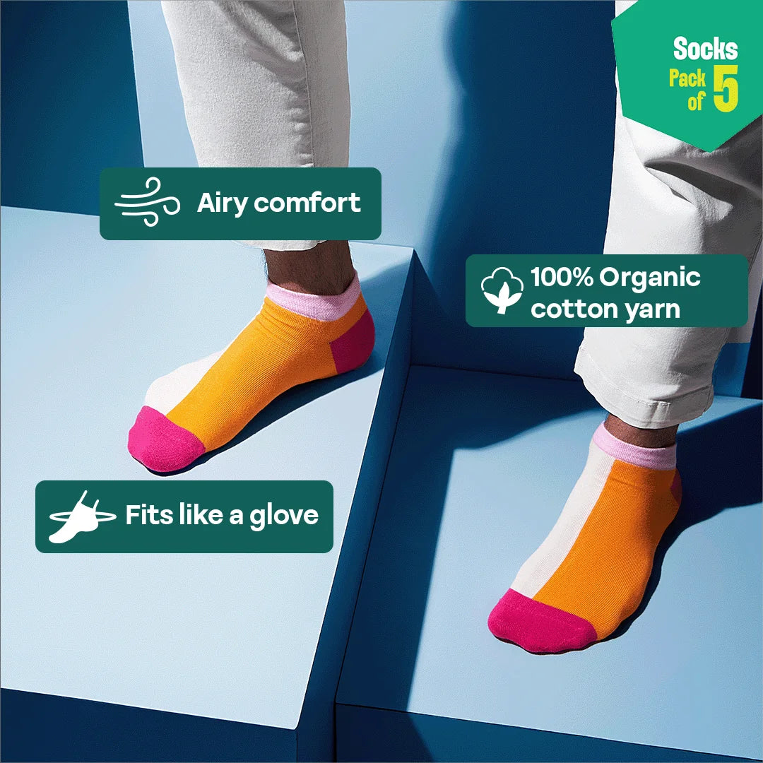 Color Pop Story! Unisex Socks, 100% Organic Cotton,  Ankle Length, Pack of 5