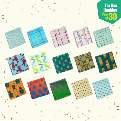 EOD! Elephant Of The Day! Tin Gift Box, Unisex Hankies, 100% Organic Cotton, Box Of 30