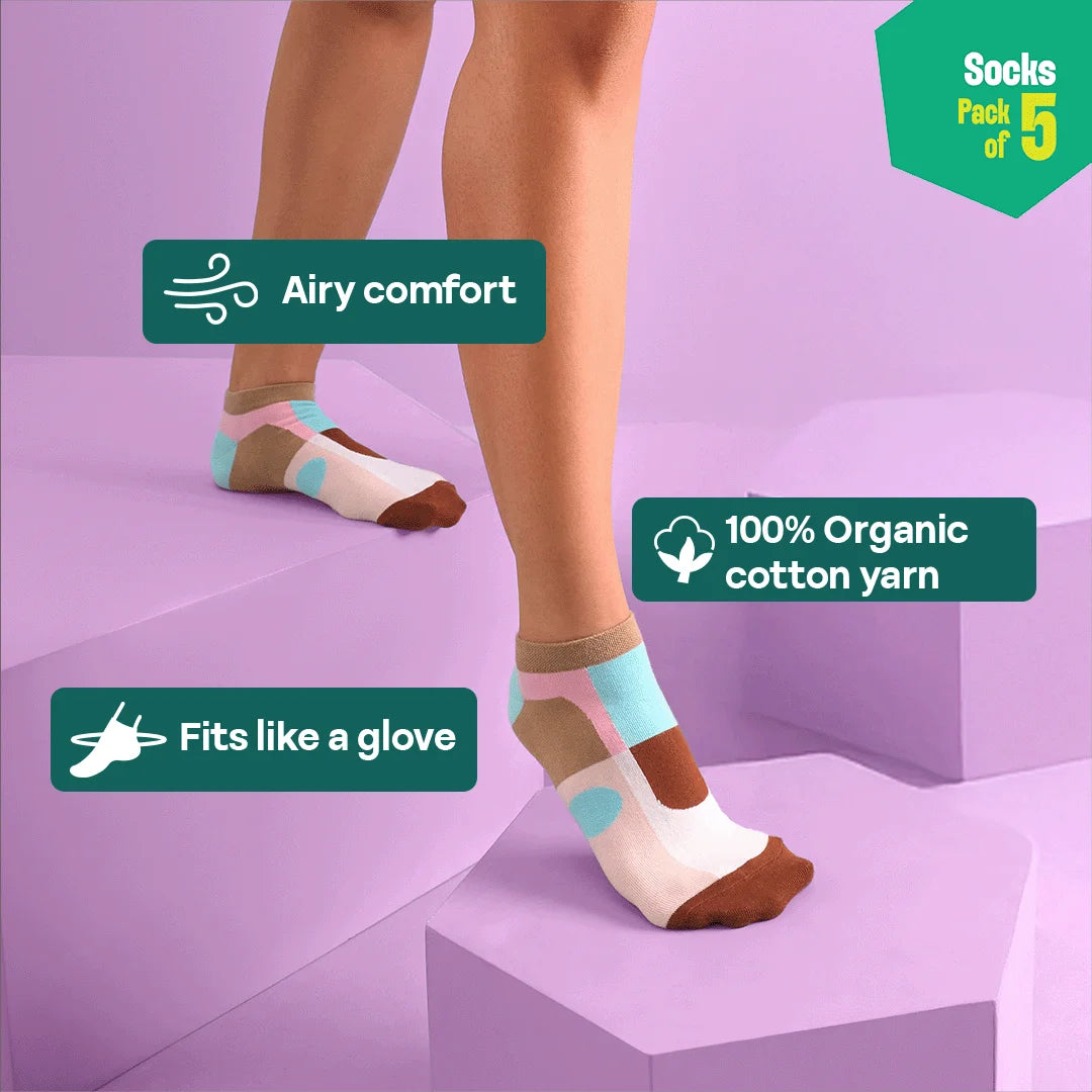 Color Punch! Unisex Socks, 100% Organic Cotton, Ankle Length, Pack of 5