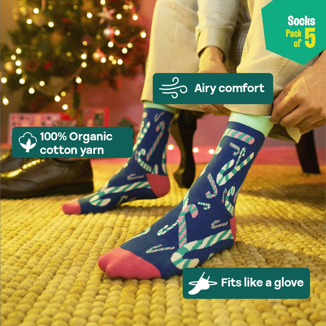 Christmas Punch! Unisex Socks, 100% Organic Cotton,  Crew Length, Pack of 5