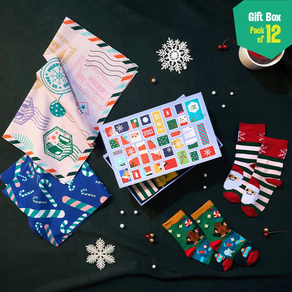 Xmas Stamps 2.0! 6 Unisex Kid's Socks + 6 Unisex Kid's Hankies, 100% Sustainable, Gift Box of 12