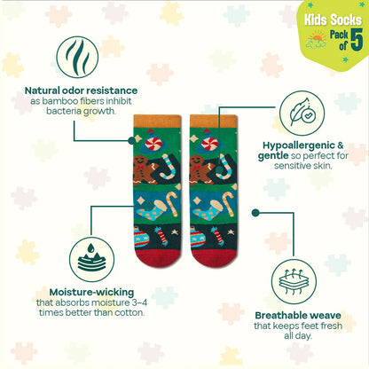 Merry Madness! Unisex Kid's Socks, 100% Bamboo, Crew Length, Pack of 5
