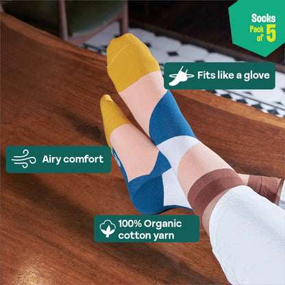 Color Punch! Unisex Socks, 100% Organic Cotton, Crew Length, Pack of 5